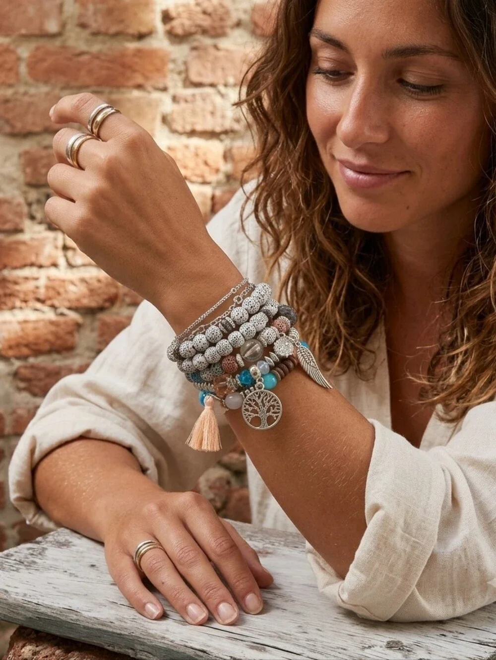4pcs/set Bohemian Hand String, Tree Of‎ Life Feather Wings Pendant Bracelet